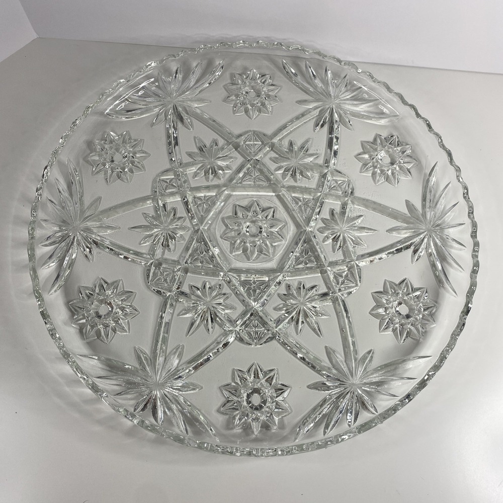 Vintage EAPC Anchor Hocking Star Burst Pressed Clear Glass Platter 13.5" Round